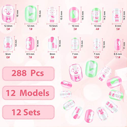 240 Pieces 12 Sets Press on Nails for Kids Girls Fake Nails Artificial False Fingernail Pre-glue Full Cover Cartoon Gradient Short Nail Tip for Girls Kids Nail Decoration (Animal Pattern)