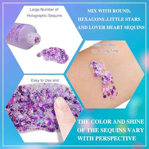 MEICOLY Purple Hair Glitter Kids Makeup,Halloween Sparkly Face Glitter,Mermaid Sequins Face Body Glitter,Chunky Glitter for Festival Rave Accessories Costume Outfits for Women,50ml