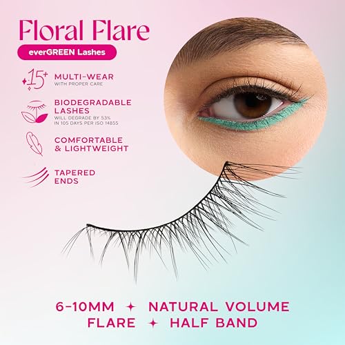 everGREEN Plant Lashes, Half Lashes, Strip Lashes, Natural Wispy Eyelashes, Fake Eyelashes, Plant Based Fibres, Flared & Natural Volume (Floral Flare) Half Lash