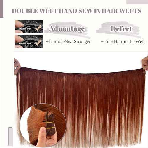 Cooper Weft Hair Extensions Human Hair Light Aubrun Brown Sew in Extension for Short Hairs Double Weft Copper Real Bundles for Women Sew in Thick Red for Adding Hairs 18 Inch 100g