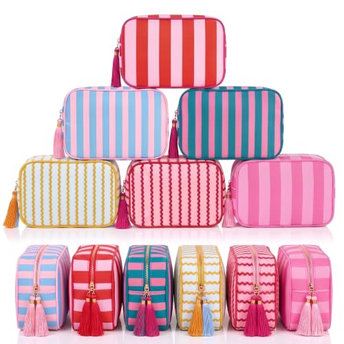 Kacctyen 6 Pack Striped Makeup Bags with Tassel - Travel Cosmetic Pouch
