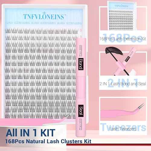 Natural Lash Extension Kit 168Pcs Lash Clusters Kit Wispy Eyelash Extensions 9-12MM Individual Lashes Extensions with Bond and Seal Lash Glue and Eyelash Extension Tweezers DIY at Home by TNFVLONEINS