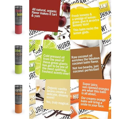 Hurraw! Cherry Lemon, Lime Coconut, and Vanilla Orange Lip Balm 3 Pack Bundle: Plastic-Free with new cardboard push-up tube. Certified Organic, Natural & Vegan. Bee, Shea, Soy & Palm Free. Made in USA