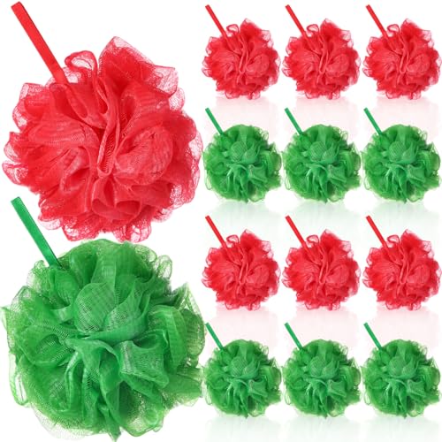 12 Pcs Christmas Bath Loofah Sponge Red Green Loofah Exfoliating Body Scrubber Shower Sponge 50g Mesh Shower Pouf Balls Gift Set for Women Men Bathing Accessories