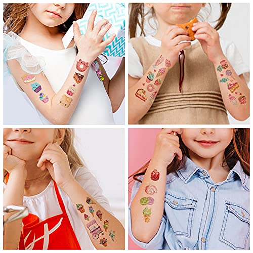 Glitter Temporary Tattoos for Kids, 141Pcs Girls Lovely Ice Cream Fake Tattoo Birthday Party Supplies Cookie Tattoo (10 Sheets) Cute Waterproof Stickers Decoration Gifts Favors Sparkly Cake