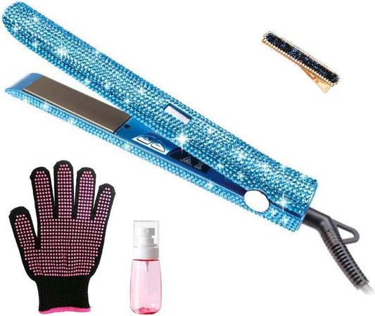 Hair Straightener Titanium Flat Iron with Gorgeous Rhinestone Bling Crystal Diamond, 2 in 1 Hair Straightener and Curler, 60 Min Auto Shut Off, LCD Temp Display (Blue)