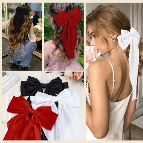 Hapdoo 3PCS Satin Bow Clips with Long Tails - Large Soft Hair Accessories for Women and Girls, 3 Colors