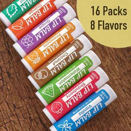16 Pack Lip Balm, Natural Lip Balm Bulk with Vitamin E and Coconut Oil, Moisturizing Lip Balms for Dry Cracked Lips, Lip Balms for Stocking Stuffers - 8 Flavors