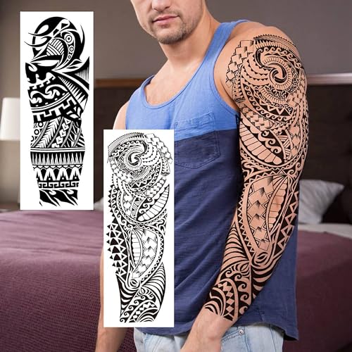 EGMBGM 20 Sheets Black Tribal Wolf Tiger Lion Temporary Tattoo Sleeve For Men Adults, 3D Halloween Prison Gothic Maori Sleeve Tattoos For Women, Fake Full Arm Sleeve Tattoo Stickers Skull Skeleton