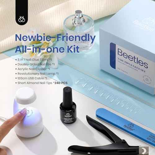 Beetles Gel Nail Kit Short Almond, 240Pcs Easy Nail Extension Set Shaped Clear Tips with 5 in 1 Nail Glue Base & Top Coat and Mini UV Lamp, Nail Tips Art Acrylic Nail Kit Gifts for Women