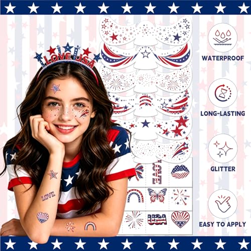 Glitter 4th of July Face Tattoos - Red White Blue Party Favors (18 Sheets)