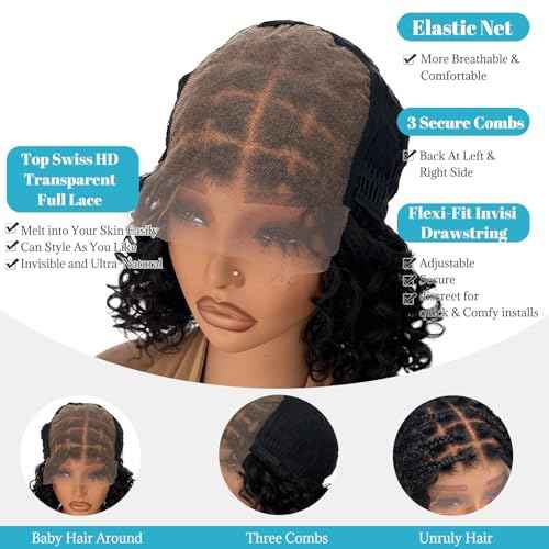 Knotless Boho Box Braided Wigs for Black Women 10 Inch Glueless Double 5x5 HD Lace Front Curly Human Hair 200% Density Short Boho Box Braided Bob Wigs Bohemian Knotless Braid Wigs with Baby Hair