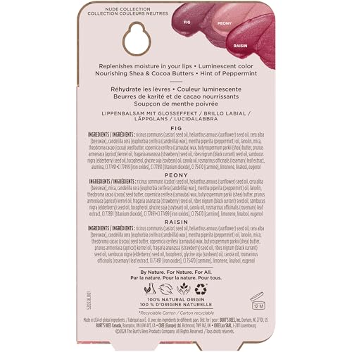 Burt's Bees Lip Shimmer Nude Collection; Luminescent Color; High Impact, Instant Moisture; with Shea and Cocoa Butters; 100% Natural Origin; 3 Warm Shades; Value Pack, 3 Tubes x 0.09 Oz
