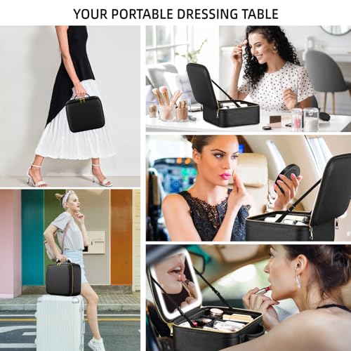 Travel Makeup Bag with Mirror of LED Lighted, Makeup Train Case with Adjustable Dividers, Makeup Case with Mirror and Detachable 10x Magnifying Mirror