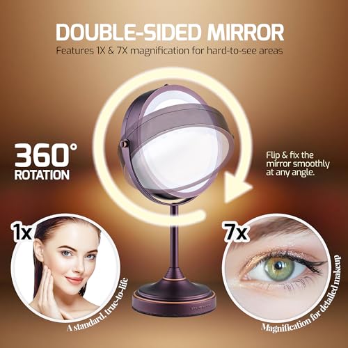 OVENTE 7'' Lighted Makeup Mirror with 1X/7X Magnification, Cordless Tabletop Mount Vanity Mirror with 360¡Æ Swivel Design & Double Sided Glow Cosmetic White LED Ring Light, Antique Bronze MCT70ABZ1X7X