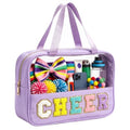 KRYZMET Cheer Purple Makeup Bag with Chenille Letter Patch Waterproof Nylon Travel Organizer for Girls Women