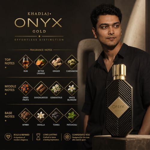 Khadlaj Onyx Gold Unisex Eau de Parfum Spray 3.4oz – Aromatic, Sweet, Powdery, Musky Fragrance