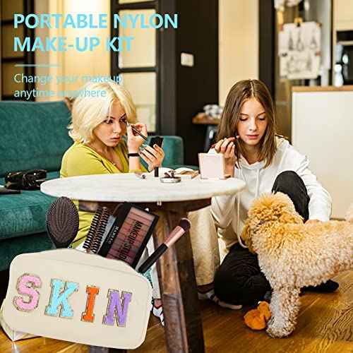 4PCS Nylon Zipper Waterproof Preppy Makeup Organizer Bag Set - Cosmetic Stuff Pouch for Women Travel Toiletry Organization Outdoor with Chenille Letter Patches