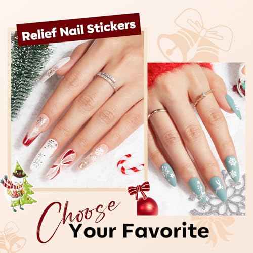 modelones Christmas Nail Stickers 3D Self-Adhesive nail decals Christmas Tree, Snowflakes, Santa Claus, Reindeer & Snowman, Winter Holiday Christmas DIY Nail Stickers for Women & Kids 5Pcs
