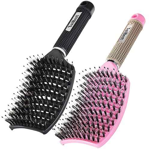 Boar Bristle Brush Set - Dry/Wet Detangler for Fine, Thick, Curly Hair - Curved and Vented Brush for Women, Men or Kids