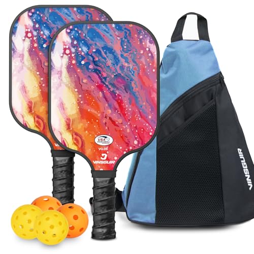 VINSGUIR Pickleball Paddles, Fiberglass Pickleball Paddles Set of 2, Lightweight Pickleball Rackets with Pickleball Carrying Bag, Pickleball Gifts for Beginners & Pros (2 Rackets)