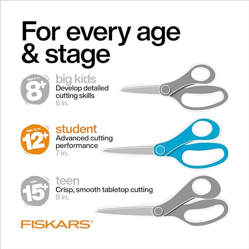 Fiskars 7" SoftGrip Student Glitter Scissors for Kids Ages 12-14, Scissors for School or Crafting, Back to School Supplies, Purple Glitter