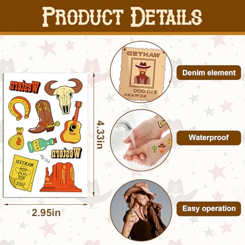Hying 12 Sheets Cowboy Temporary Tattoos Waterproof Western Party Stickers