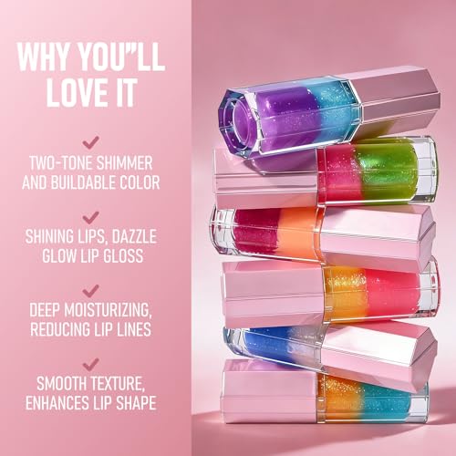 Two Tone Layered Lip Gloss, High-Shine Lip Gloss, Shimmer and Buildable Color, Diamond Glitter Lip Luminizer, Nourishing and Hydrating, Plumping, Non-Sticky Lip Oil-01, 0.32 Fl Oz