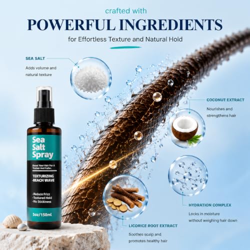 Hydrating Sea Salt Spray for Hair – Beach Waves & Anti-Frizz, 5 fl oz