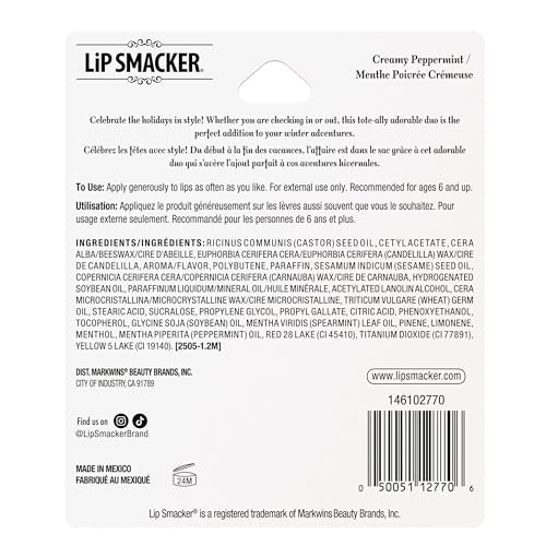 Lip Smacker Holiday Getaway Lip Balm + Mini Tote Keychain, Moisturizing Lip Care, Fun Collectible Gift & Stocking Stuffer - Creamy Peppermint (Pack of 2)