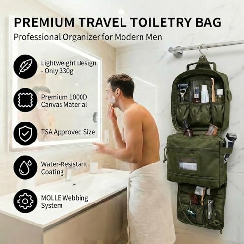 Mens Toiletry Travel Bag, Tactical Toiletry Bag for Men, Bathroom Hanging Toiletry Bag for Men Shaving Hygiene Bag Travel Toiletry Organizer Short Trips Bag, Green