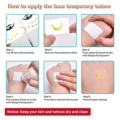 14 Sheets Face Temporary Tattoos, Rosymormor Face Stickers Gold Metallic Temporary Transfer Glitter Fake Tattoos, Freckle Stickers for Women Girls Festival Halloween Makeup Dancer Costume Parties