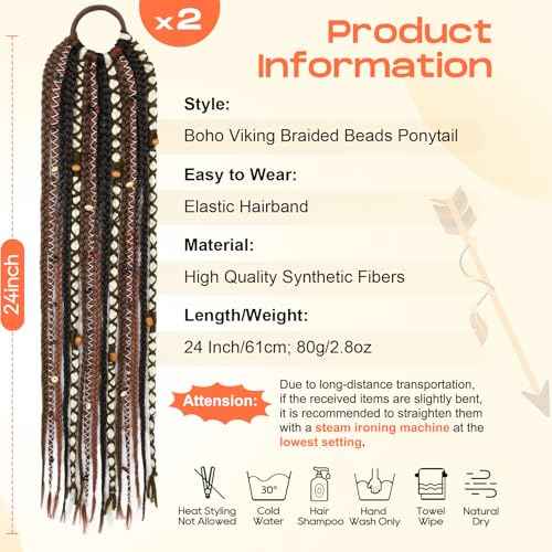 SEIKEA 2PCS Boho Braided Ponytail Extension with Hair Tie, 24" Long Viking Dreadlock Beads Ponytail Hand-braided Braids Hair Extensions Lightweight Natural Synthetic Hairpiece for Festival Cosplay
