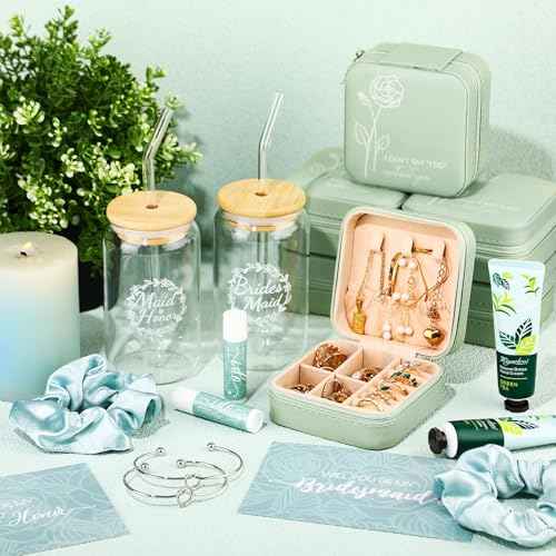 Teenyyou 60 Pcs Bridesmaid Proposal Gifts Bridesmaid Box Set Maid of Honor Gifts Wedding Bridal Shower Include Jewelry Box Glass Cup Scrunchies Hair Knotted Bracelets Hand Cream Lip Balm Cards(Green)