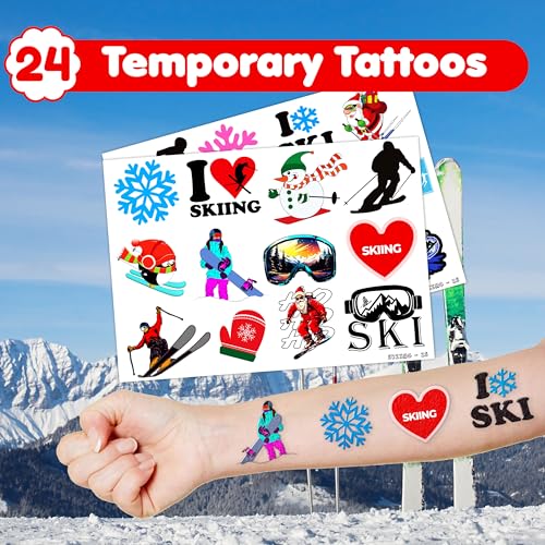 48PCS Skiing Party Set - 24PCS Temporary Tattoos & 24PCS Slap Bracelets - Fun Winter Sports-Themed Birthday Supplies, Baby Shower Gifts, Classroom Rewards & Party Decor for Kids (Boys & Girls)