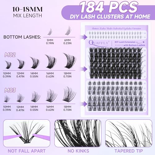 QUAFFLY 184Pcs Eyelash Extension Kit with Bottom Lashes, Adhesive & Tools