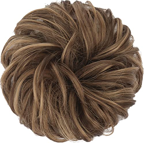 FESHFEN Messy Bun Hair Piece - Wavy Synthetic Chignon for Thick Hair, Brown Mixed Honey Blonde, 1.5 oz, Medium (22H10#)