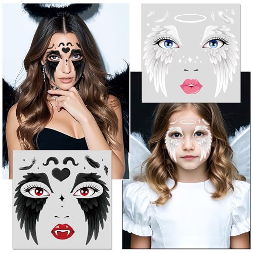 Halloween Angel Face Tattoos, 2 Sheets Black & White Wings