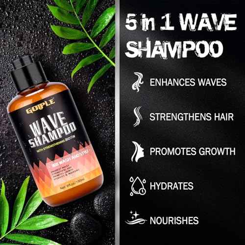 2PCS Wash Shampoo for Black Men - 360 Waves Shampoo for Men Hydration Enhance Shampoos Biotin Hair Growth Shampoos with Wave Comb Hair Brush- Strengthens Hair Promote Growth Nourishes (12 FL OZ)