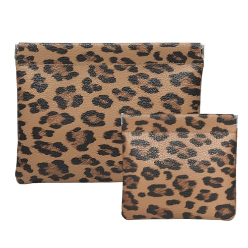 2 Leopard Leather Small Makeup Pouches Set for Women,Cosmetic Accessories,Waterproof and Portable Cosmetic Bags,Self-closing,No Zipper, Aesthetic Storage Pouch,Lipstick for Purse, Brown