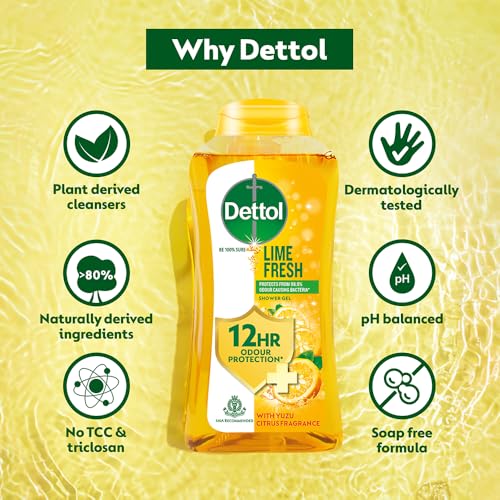 Dettol Body Wash and Shower Gel | Lime Fresh | For Women and Men | 250ml (8.45 fl oz)