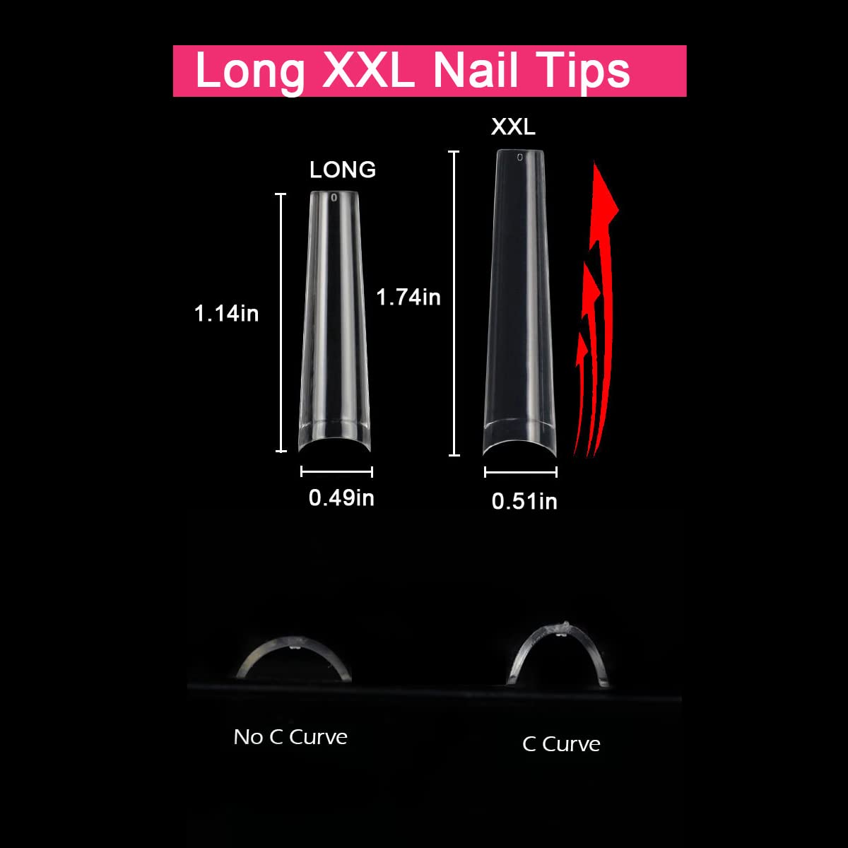 No C Curve Coffin Nail Tips, SWETIDY 200PCS Clear XXL Long Flattened False Nail Tips for Acrylic Nails Professional Half Cover with Case 10 Sizes