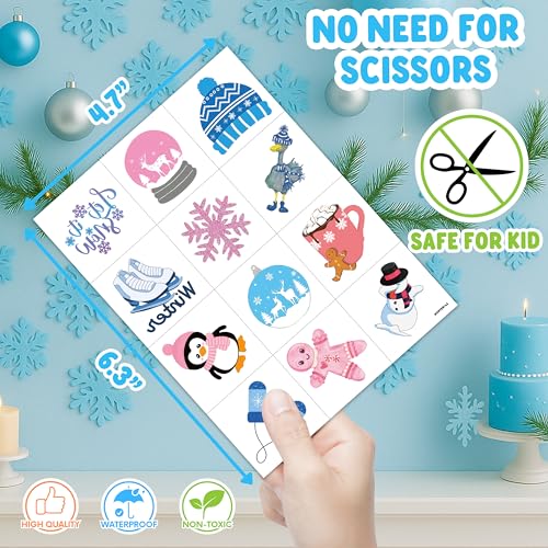 96 Pcs Winter Temporary Tattoos for Kids | Snowflake Snowman