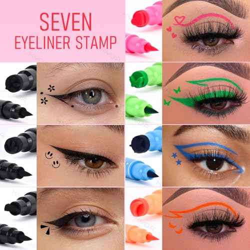 Ownest 7Pcs Colorful Eyeliner Stamp, Eye Liners Face Stamp for Cosplay Makeup, Black Blue Red Pink Orange Star Flowers Heart Moon Triangle Butterfly Smile Stamps Eyeliner Set