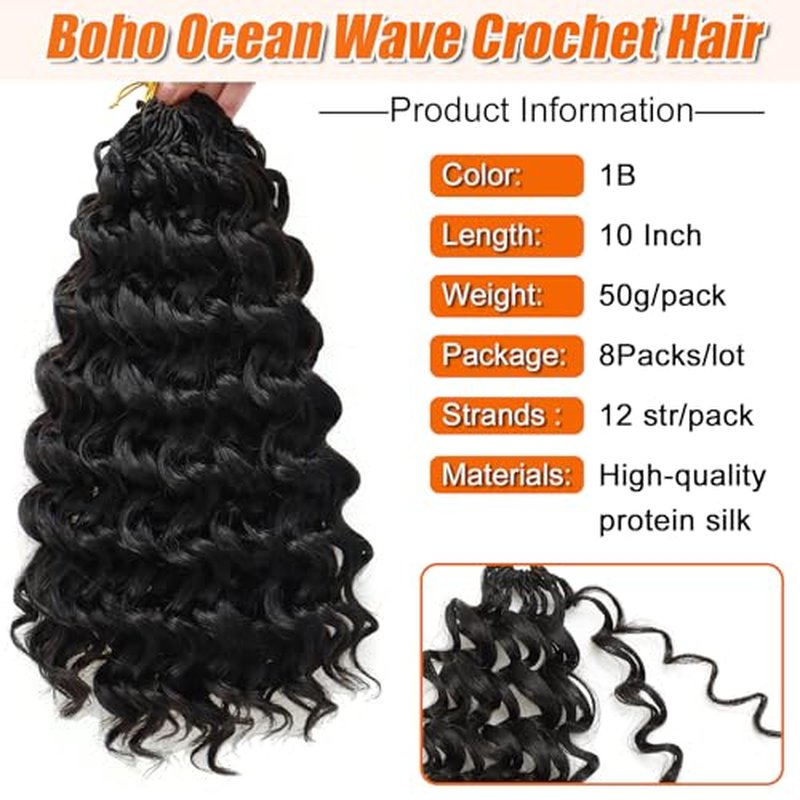 10 Inch Black Curly Crochet Hair - 8 Packs Boho Ocean Wave