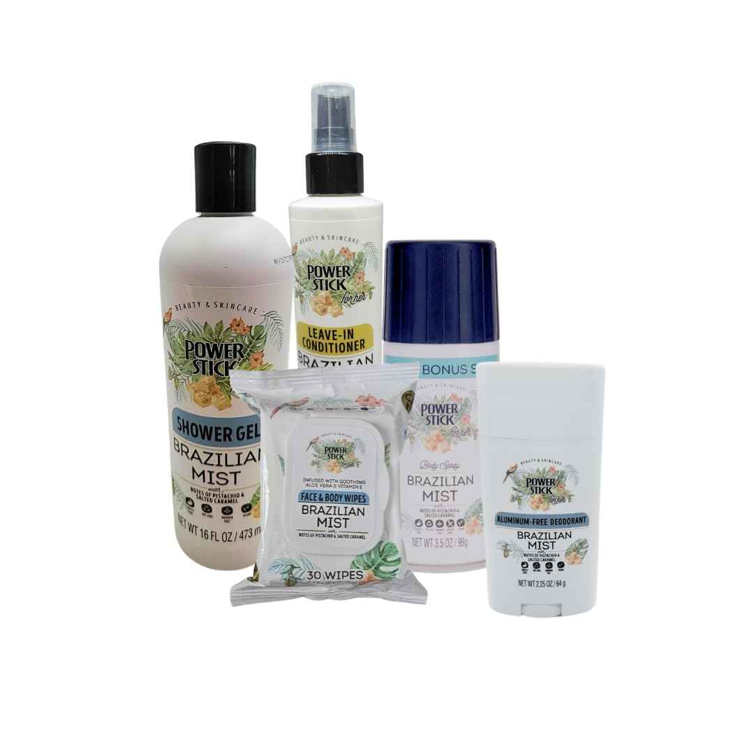 Power Stick Brazilian Mist 5pc Bundle- Body Wash- Leave in Conditioner- Face & Body Wipes- Body Spray-Deodorant