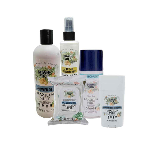 Power Stick Brazilian Mist 5pc Bundle- Body Wash- Leave in Conditioner- Face & Body Wipes- Body Spray-Deodorant