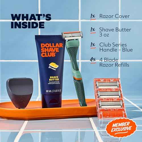 Dollar Shave Club | The Member Exclusive Shave Set | 4 Swift Rinse Refill Cartridges, 1 Handle (Green), 1 Shave Butter 3 ounce, 1 Razor Cover, Razors for Men