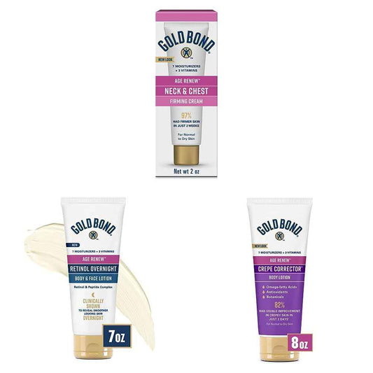 Gold Bond Age Renew Neck & Chest Firming Age Renew Cream, 2 oz. & Age Renew Retinol Overnight Body & Face Lotion, with Retinol & Peptide Complex, 7 oz. & Age Renew Crepe Corrector Body Lotion, 8 oz.