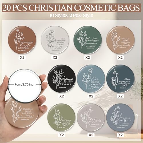 Kacctyen Spanish Christian Easter Gifts for Women Bulk Bible Verse Makeup Bags Religious Gift Regalos Cristianos Para Mujer Canvas Pouch Compact Mirrors Mother's Day Church Gift(Boho Color,20 Sets)